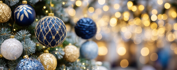 Festive Christmas tree adorned with blue and gold ornaments, creating warm holiday ambiance with blurred lights