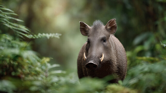 Wild boar portrait in a lush green forest. Striking animal with tusks, wildlife concept. Great for nature, conservation, or adventure themes. - Powered by Adobe