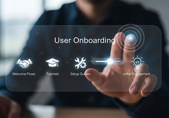 A person is interacting with a digital interface displaying user onboarding process, including agreement, training, setup options, and user engagement for a seamless experience