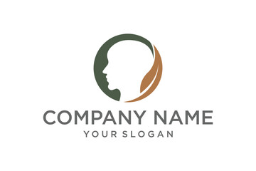 Human Head Profile Silhouette with Green Leaf Circle Logo Design