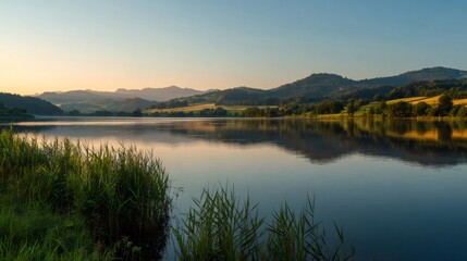 Lake reflecting hills and golden sky at sunset, reeds growing along the tranquil water's edge