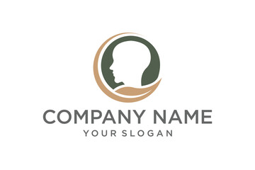 Human Head Profile Logo with Green Leaf and Brown Crescent Design, Symbolizing Growth and Wellness