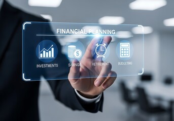 A person is interacting with a financial planning interface, displaying investment, saving, and budget options for effective money management and achieving financial goals