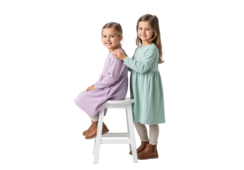 Two Children in Pastel Dresses on White Background