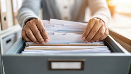 Hands organizing documents in filing cabinet, showcasing office work and organization