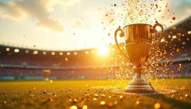 Gold trophy with confetti stands in stadium at sunset. Reward for sports team on soccer field. Shiny gold cup on sport arena background represents win championship and success.