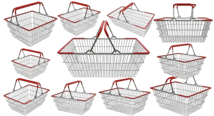 Collection of Wire Shopping Baskets with Red Handles