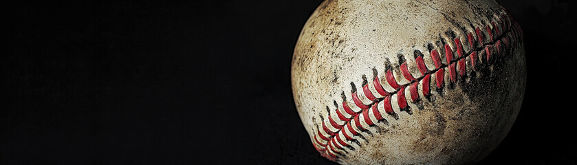 Worn baseball on dark background, showcasing its texture and stitching details, evokes sense of nostalgia and passion for game