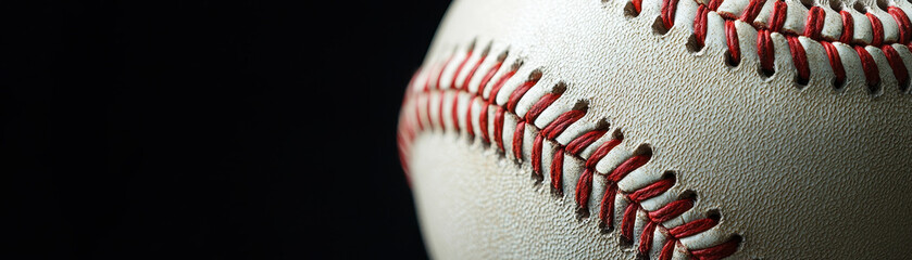 Baseball ball on black background showcases its detailed stitching and texture, evoking sense of nostalgia and excitement