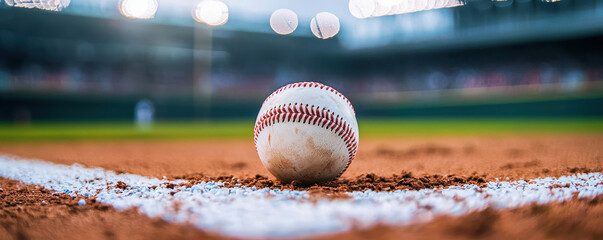 Baseball resting on home plate with blurred stadium lights in background creates exciting atmosphere for game