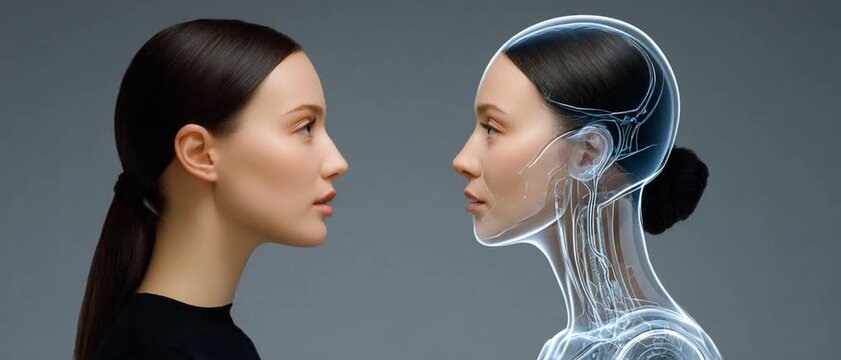 Mind's Reflection: A striking portrayal of a woman facing her digital counterpart, the image symbolizing the intersection of human and machine intelligence, technology, and futuristic concepts.