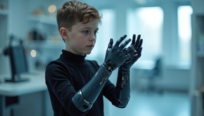 Young boy looks at advanced prosthetic hands in lab. Future tech, robotic limbs offer new ability, hope. Childhood progress, medical device, overcoming limits, new life.
