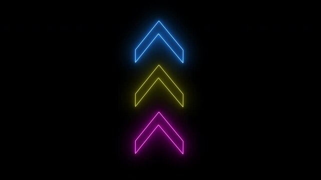 Animated squirrel arrow Three neon chevron arrows in blue, yellow, and magenta glow vertically upward on a black background, forming a sleek and futuristic motion design.