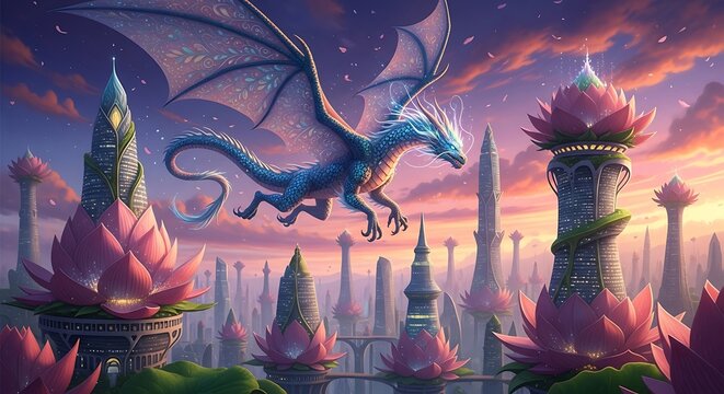 Majestic Dragon Soaring Over a Fantasy City at Sunset.