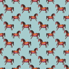 Pattern with watercolor hand drawn horse on blue background. Perfect for  kids decor, prints, patterns, cards, and festive designs.