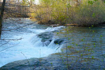 A serene view of a small cascade along the Niagara River in New York, surrounded by spring foliage and gentle light reflecting off the flowing water.