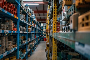 Shelves filled with various tools and materials in a warehouse