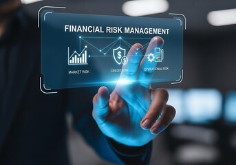 Man touching a digital screen displaying financial risk management with icons representing growth, security, and efficiency, highlighting modern business strategies and technology