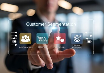 A businessman touches a digital screen showing customer segmentation with icons for demographics, shopping behavior, preferences, and targeted marketing, representing business strategy