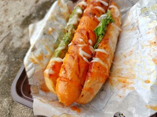 Delicious hotdog with sauce and lettuce on paper wrap