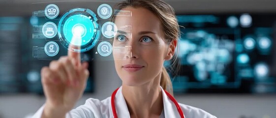Future of Medicine: A focused medical professional interacts with a sophisticated digital interface, symbolizing the advancements of technology in healthcare.