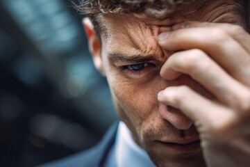 Close-up of businessman touching his temple with a frustrated expression, representing stress and challenge.