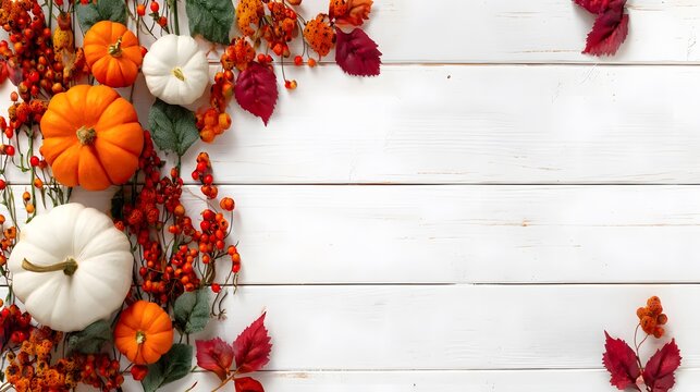 Top-view autumn frame: white wood texture surface, colorful orange pumpkins, red maple leaves, golden berries form bright border, large blank center for festival decoration or menu text