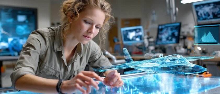 Aerospace Engineer's Vision: A focused aerospace engineer meticulously examines a holographic aircraft model in a high-tech, futuristic workspace.