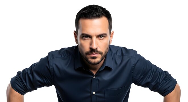 Serious man leaning forward with intense eyes, wearing a dark blue shirt against a white background, showing focus and determination.