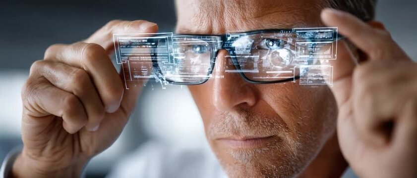 Augmented Reality Vision: An individual delves into a world of augmented reality through innovative eyewear, peering through the lens of technological advancement.