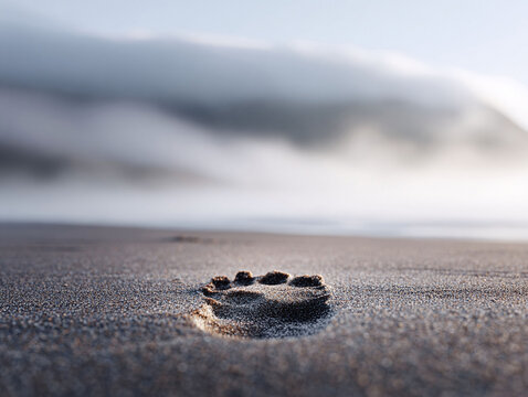 Serene coastal scene featuring a paw print in wet sand with soft focus on the horizon. Evokes themes of nature, journey, wildlife, exploration, and transient beauty. - Powered by Adobe