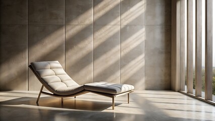 Modern chaise lounge bathed in dramatic diagonal sunlight casting striped shadows across a textured wall and floor creating a serene and elegant interior design scene