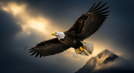 Majestic bald eagle soaring through the sky with mountains in the background during golden hour