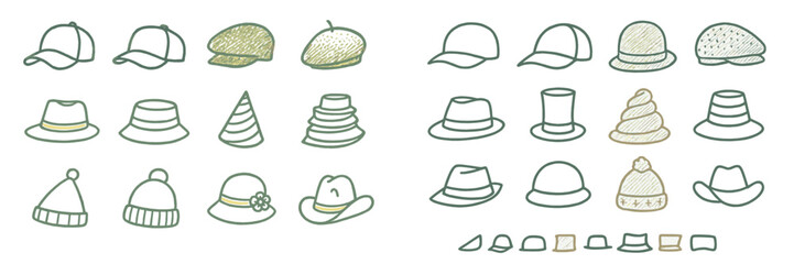 Different types of hats displayed in a creative layout with various designs and styles