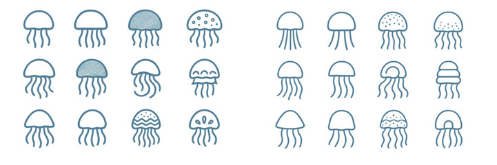 Variety of jellyfish illustrations in different shapes and styles created on a white background © PAPA STOCK