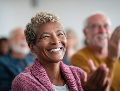 Happy senior woman in audience applauding. Celebration, success, or appreciation concept. Perfect for diversity, community, or positive aging themes.