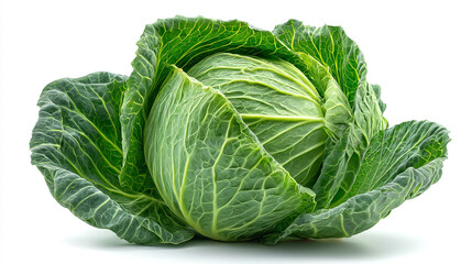Obraz premium A single head of green cabbage with textured leaves isolated on a white background