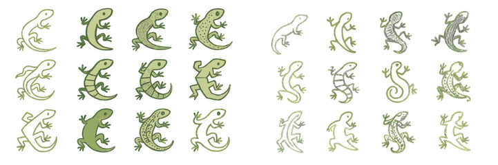 Lively collection of colorful lizard illustrations displaying various designs and postures on a white background