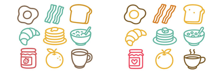 Delicious breakfast foods presented in a colorful arrangement featuring eggs, bacon, bread, and more