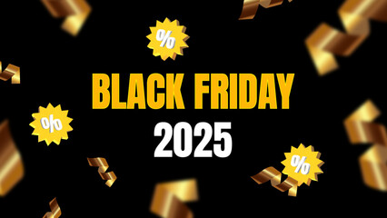 Black Friday 2025 Sale Banner with Golden Text and Confetti
