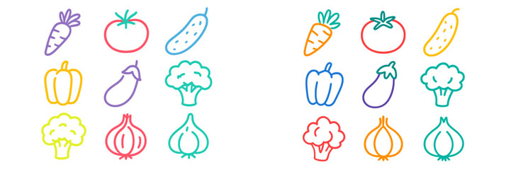 Colorful line drawings of various vegetables displayed in a grid pattern for educational and artistic purposes