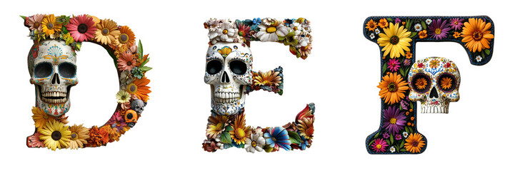 Letters D, E and F. Dia de muertos decorative letters PNG with colorful skulls and flowers, traditional Mexican art style perfect for cultural and festive design projects.