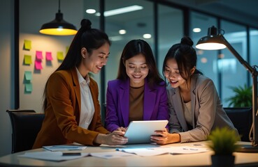Three asian women in office jackets collaborate over digital tablet late night. Young coworkers discuss project strategy planning on screen. Focused team works together on business idea using tech