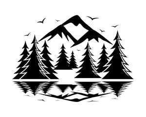 Monochrome landscape with trees and a mountain on a white background.