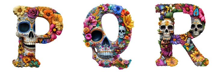 Letters P, Q and R. Dia de muertos decorative letters PNG with colorful skulls and flowers, traditional Mexican art style perfect for cultural and festive design projects.