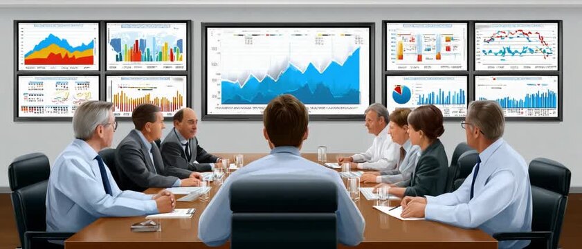 Boardroom Analytics: Professionals engage in a strategic meeting, with detailed financial charts displayed, indicative of informed decision-making and insightful data analysis.