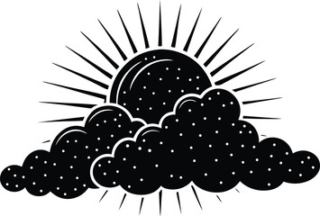 Black Vintage Sun Rising Behind Clouds Vector Illustration for Atmospheric and Celestial Designs