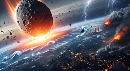 Catastrophic asteroid impact on earth causing widespread destruction with volcanoes and lightning strikes