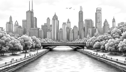 Fototapeta premium Monochrome line art illustration of Chicago cityscape with river, bridge. Tall buildings rise above green trees lining waterfront park pathway. Pedestrians walk along riverbank promenade under cloudy