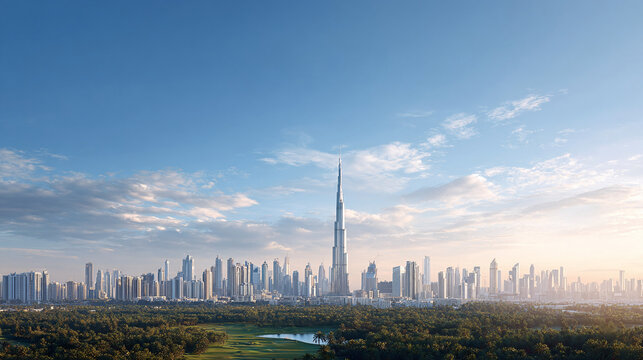 A stunning cityscape with a prominent skyscraper, juxtaposed with lush greenery and a clear blue sky. Represents urban development, ambition, and modern architecture.